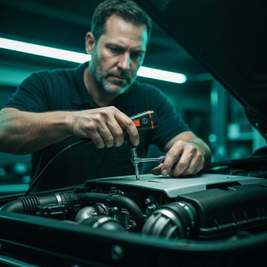 Professional automotive technician working with advanced diagnostic tools